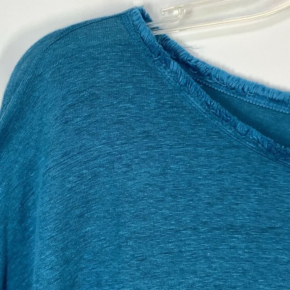 Sundance Women's Frayed Neck Linen 3/4 Sleeve Top Blue Size Medium